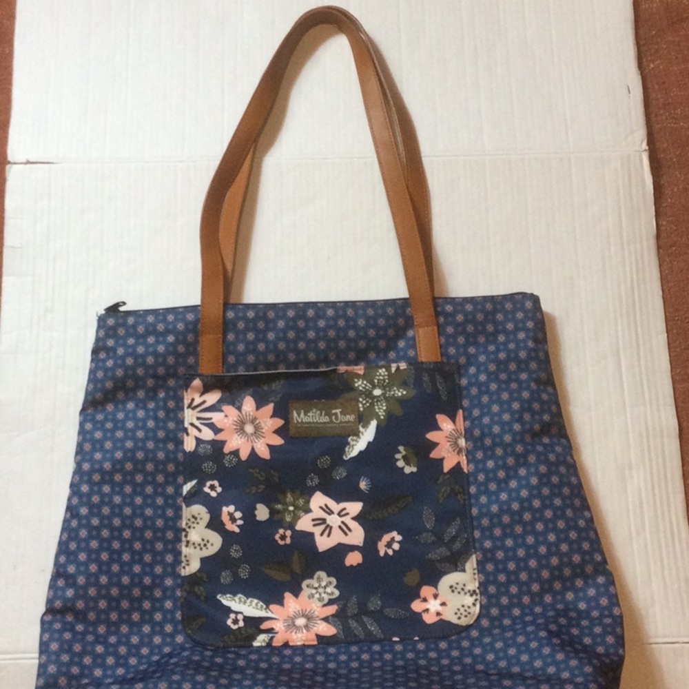 Matilda Jane Navy Floral Tote Bag with Tan Handles